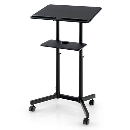 Mobile Lectern Podium Height-adjustable Rolling Laptop Cart with Tilting Top Storage Tray