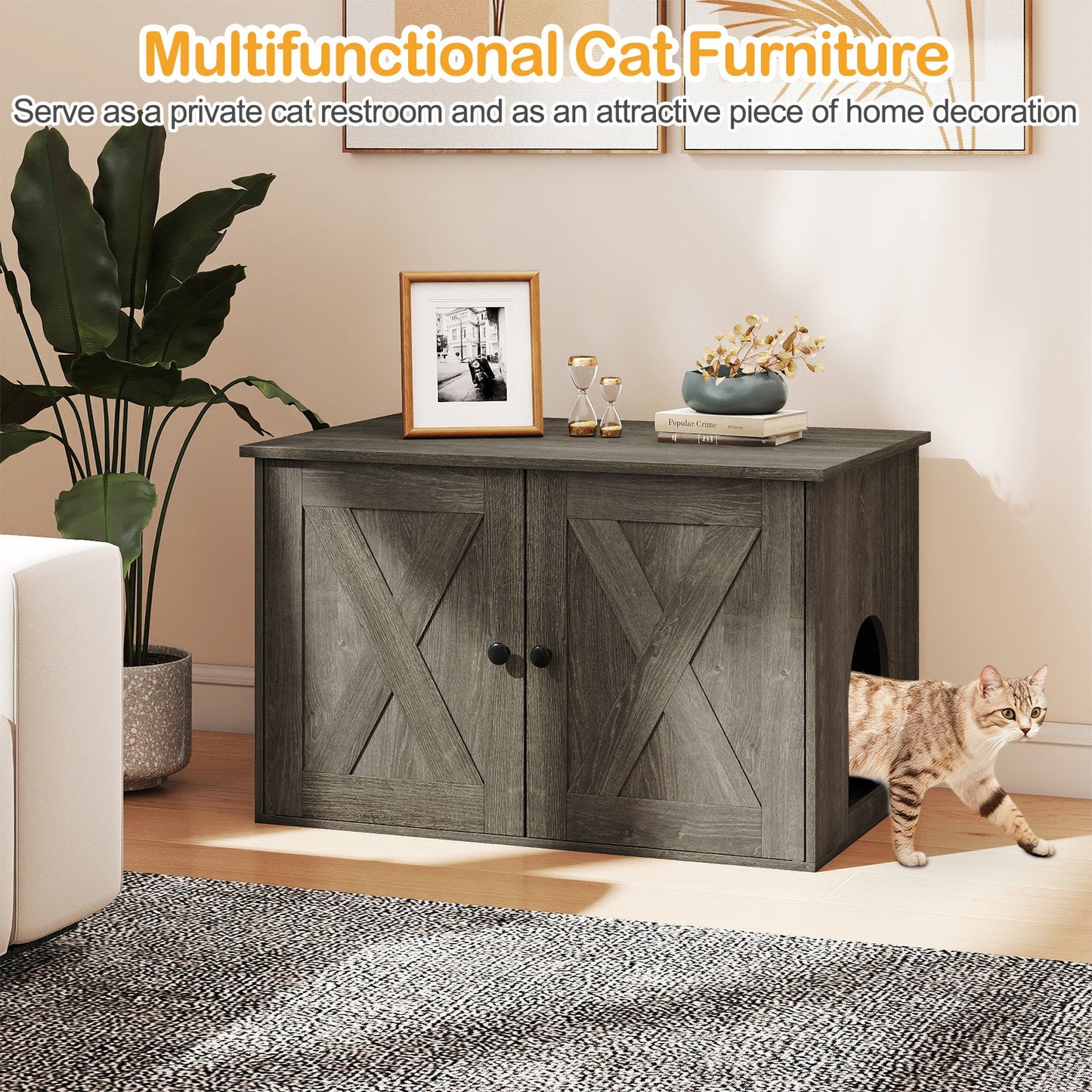 Hidden Cat Litter Box Enclosure Furniture with Divider-Oak