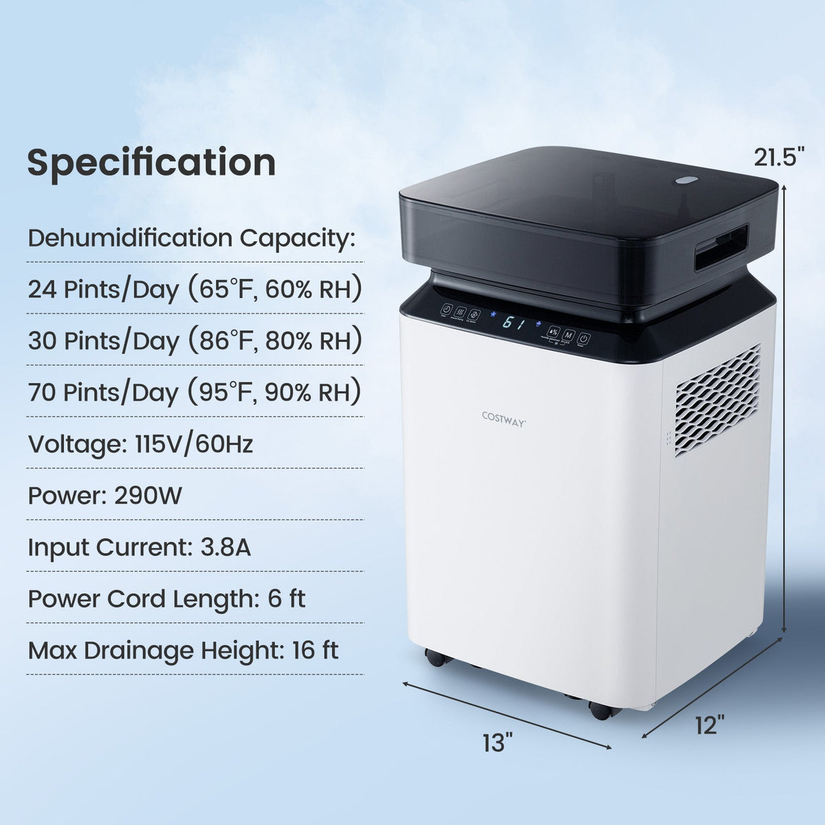 70/90 Pint 4500/6000 Sq. Ft Dehumidifier with Continuous and Auto Mode