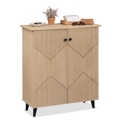2-Door Geometric Shoe Cabinet with Carved Panels