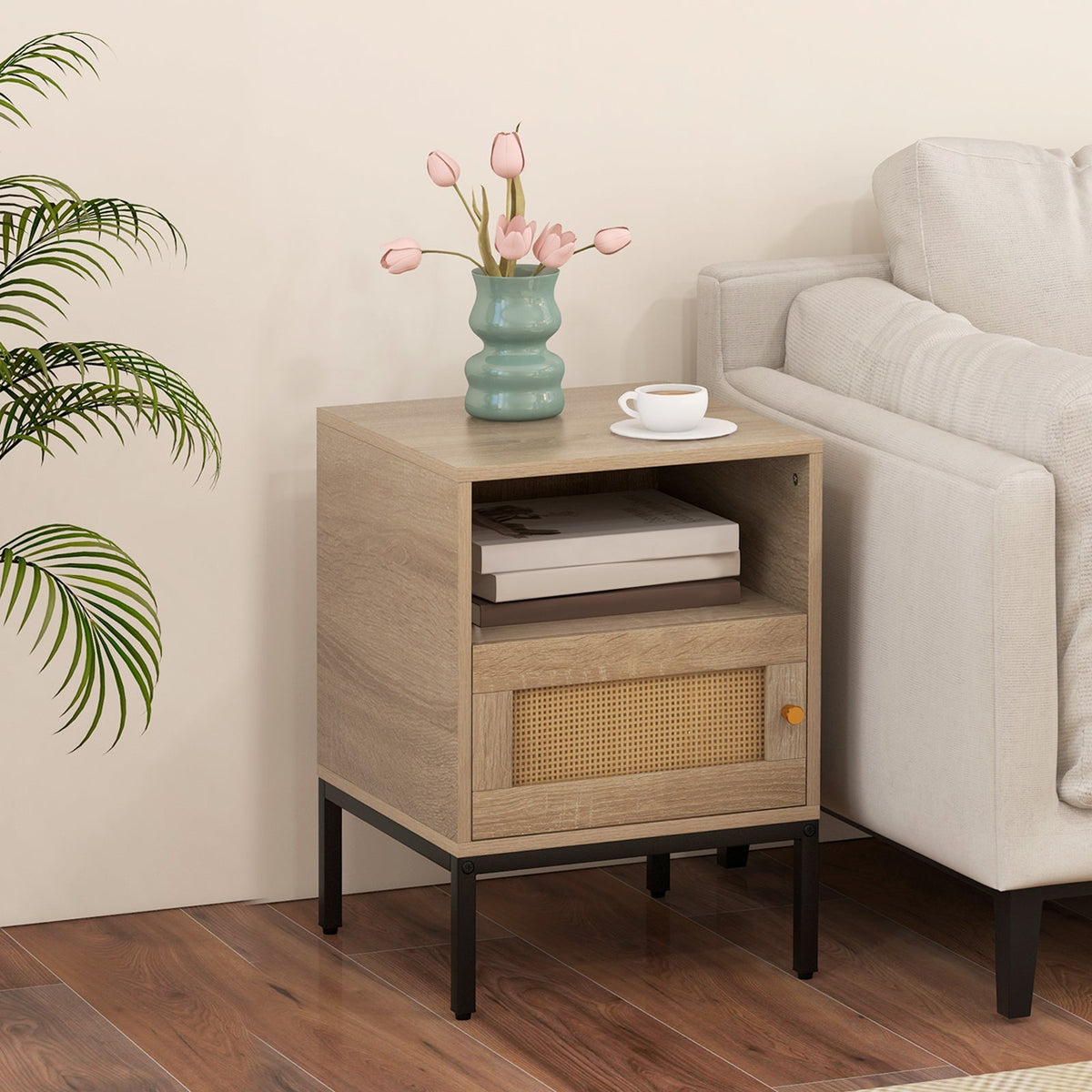 Home Boho Style Accent Table with Open Shelf and 1 Door Cabinet-Natural