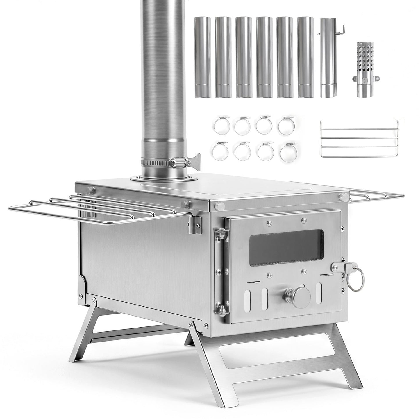 Portable Wood Burning Tent Stove with 7 Chimney Pipes