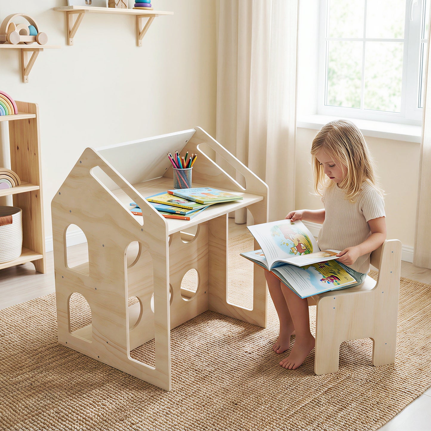 House-Shaped Kids Table and Chair Set with Chalkboard