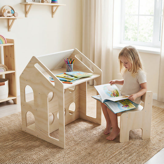 House-Shaped Kids Table and Chair Set with Chalkboard