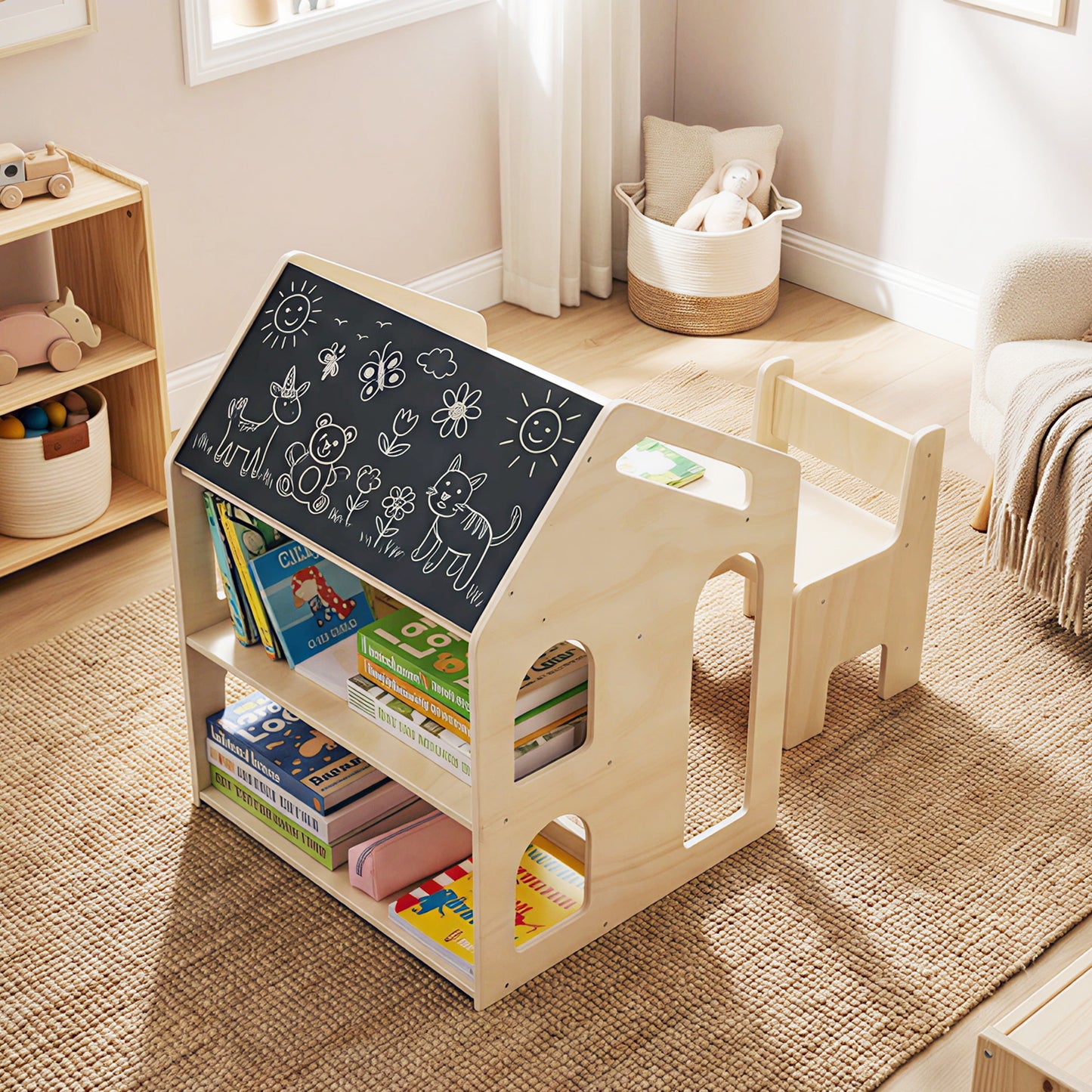 House-Shaped Kids Table and Chair Set with Chalkboard