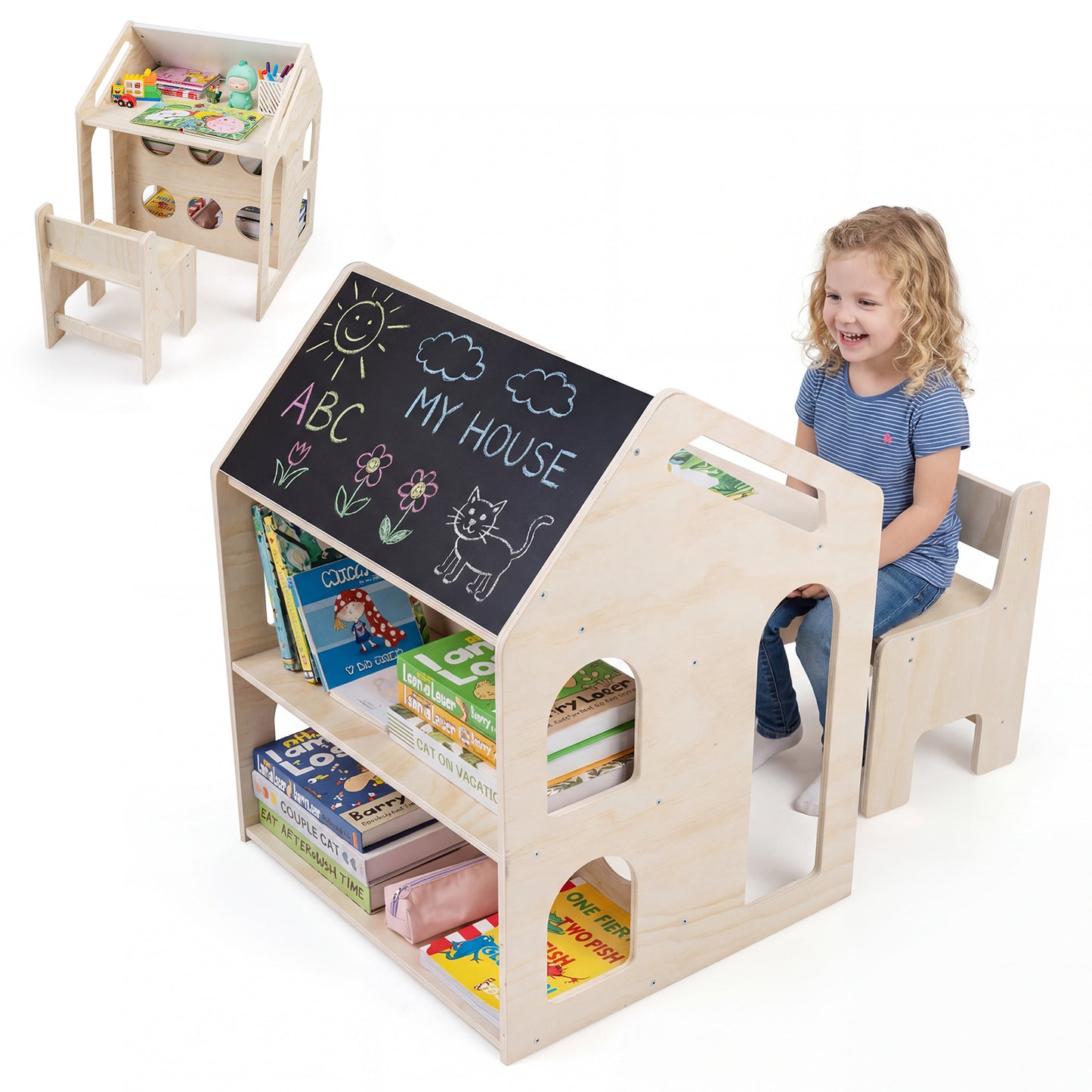 House-Shaped Kids Table and Chair Set with Chalkboard