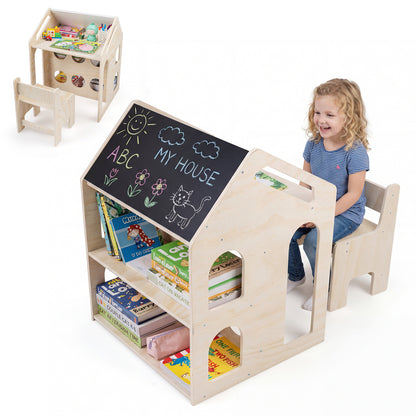 House-Shaped Kids Table and Chair Set with Chalkboard