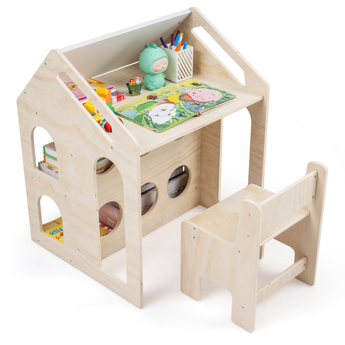 House-Shaped Kids Table and Chair Set with Chalkboard
