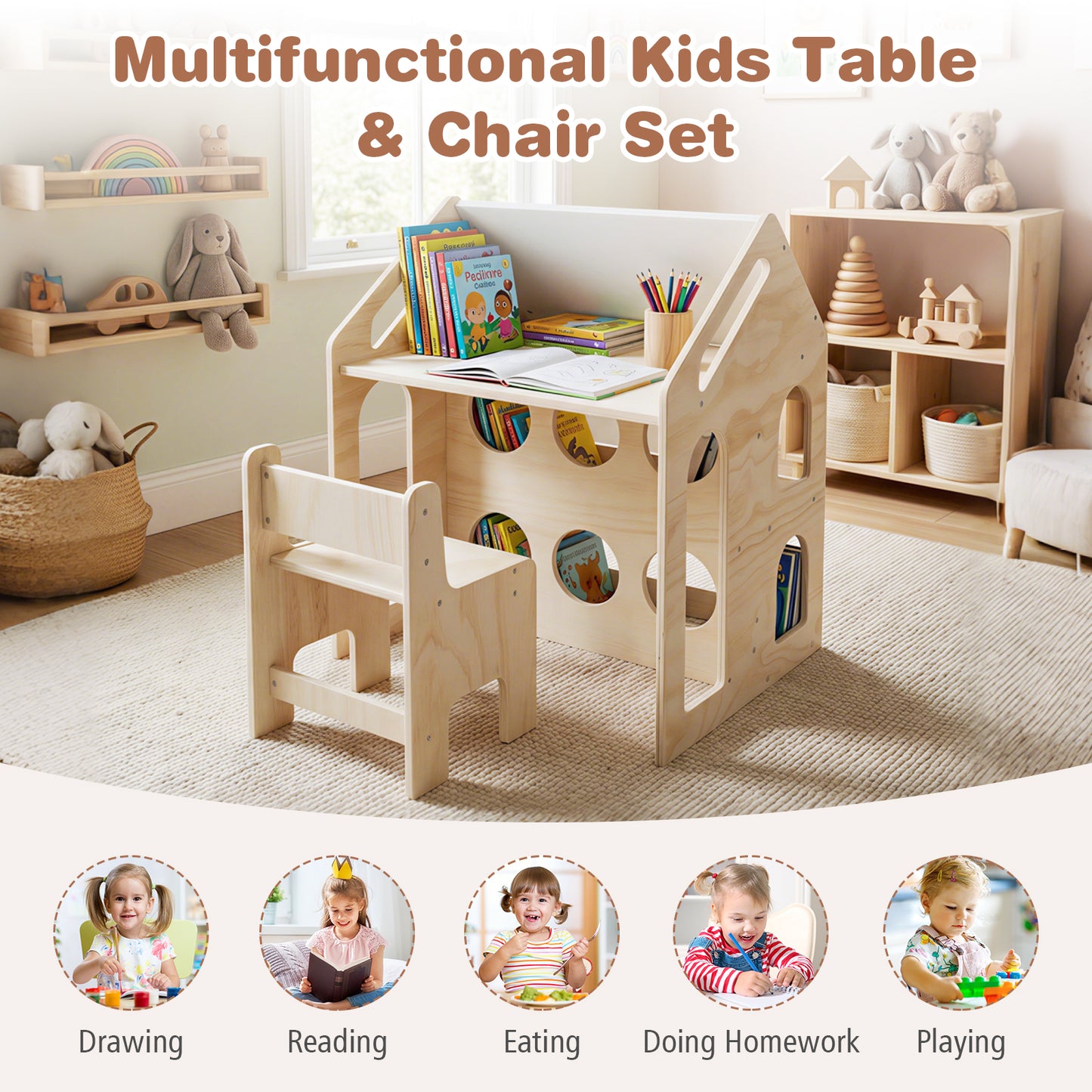 House-Shaped Kids Table and Chair Set with Chalkboard