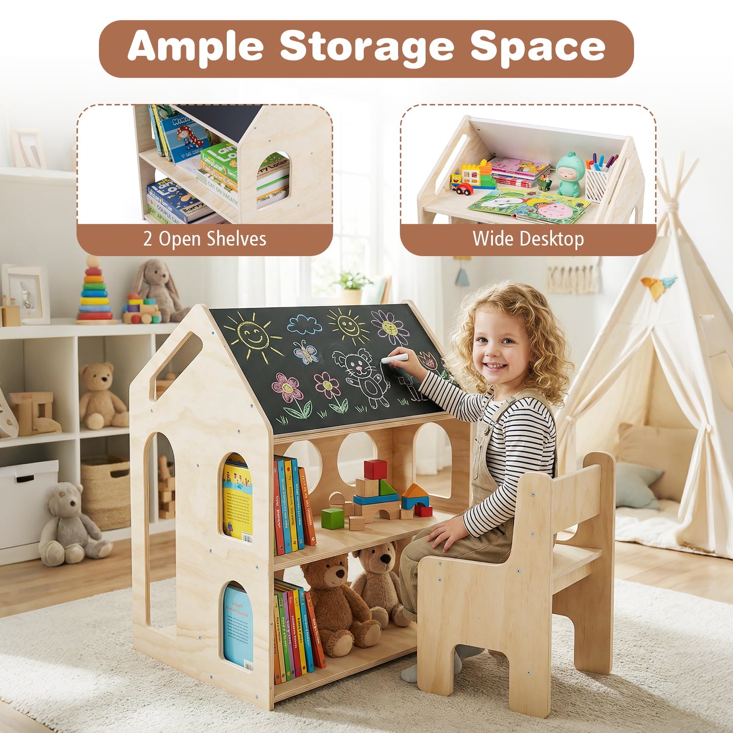 House-Shaped Kids Table and Chair Set with Chalkboard