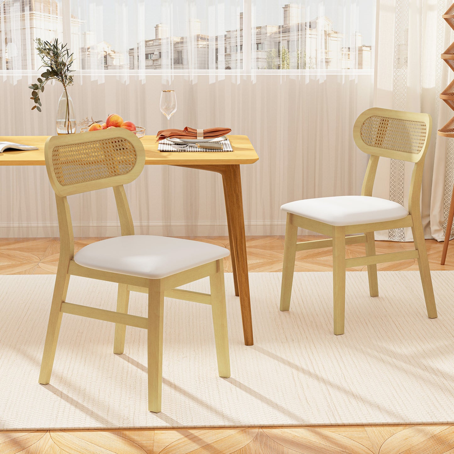 Mid Century Dining Chairs Set of 2 with Rattan Back