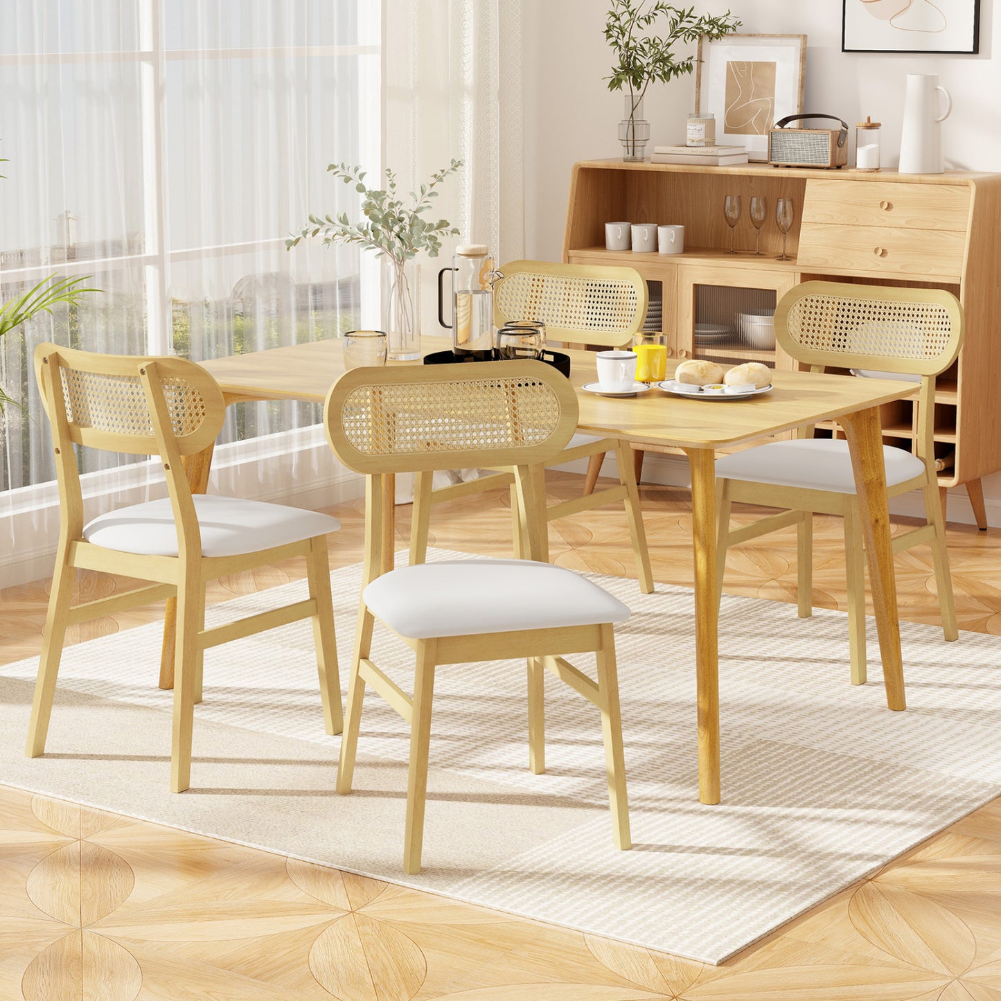 Mid Century Dining Chairs Set of 2 with Rattan Back