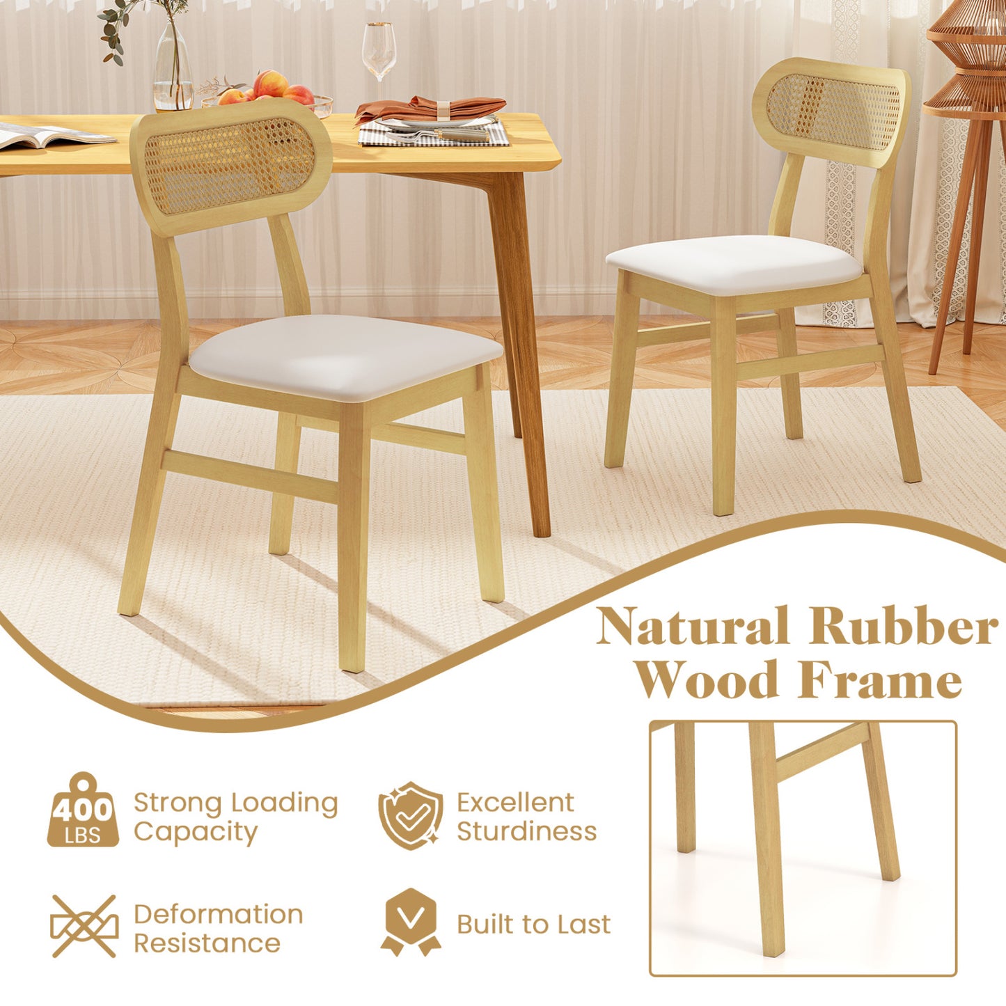 Mid Century Dining Chairs Set of 2 with Rattan Back
