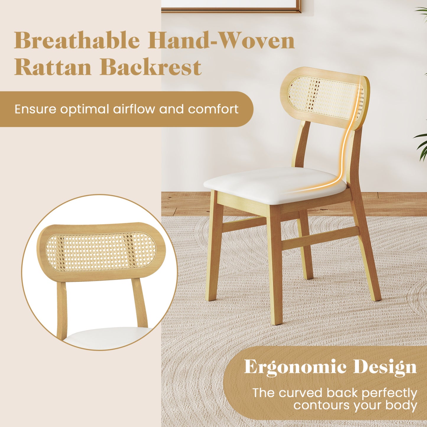 Mid Century Dining Chairs Set of 2 with Rattan Back