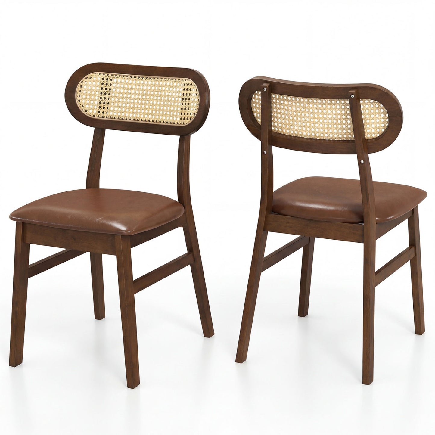 Mid Century Dining Chairs Set of 2 with Rattan Back