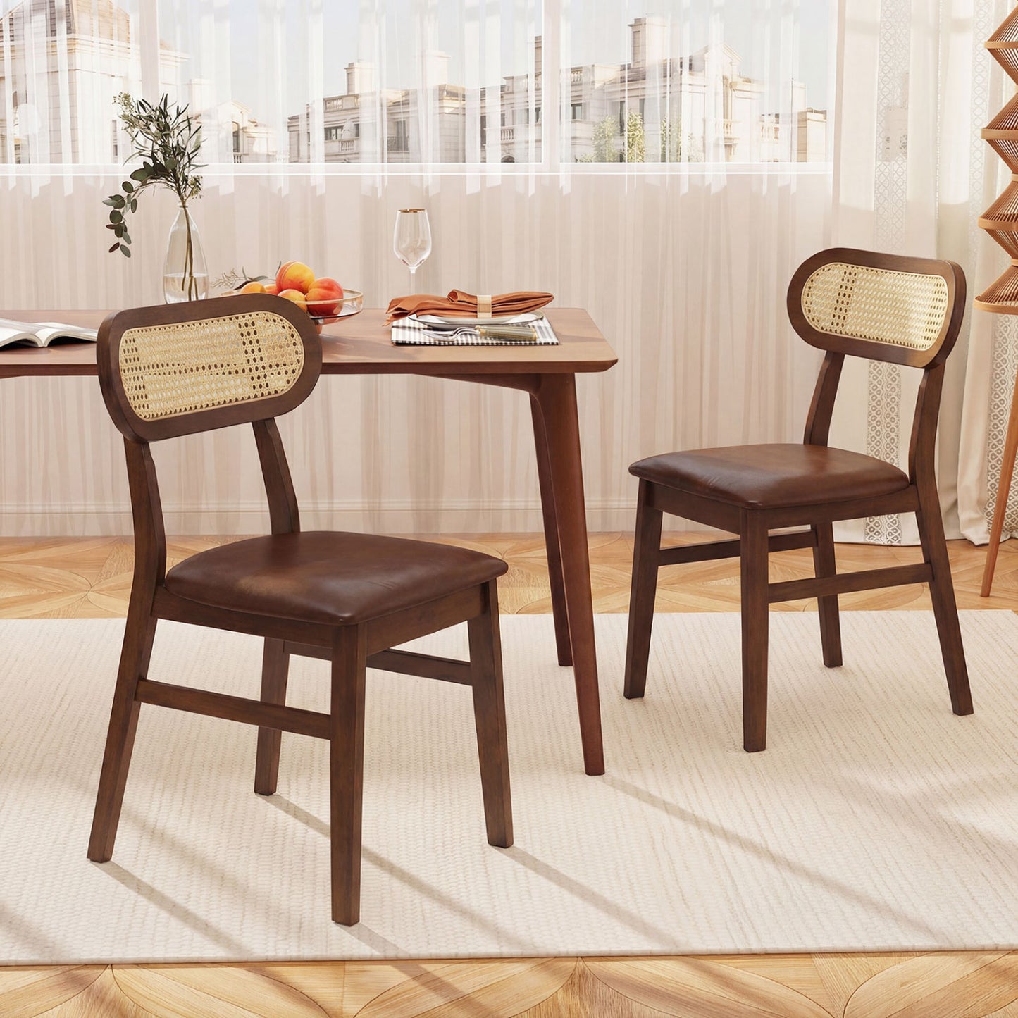 Mid Century Dining Chairs Set of 2 with Rattan Back