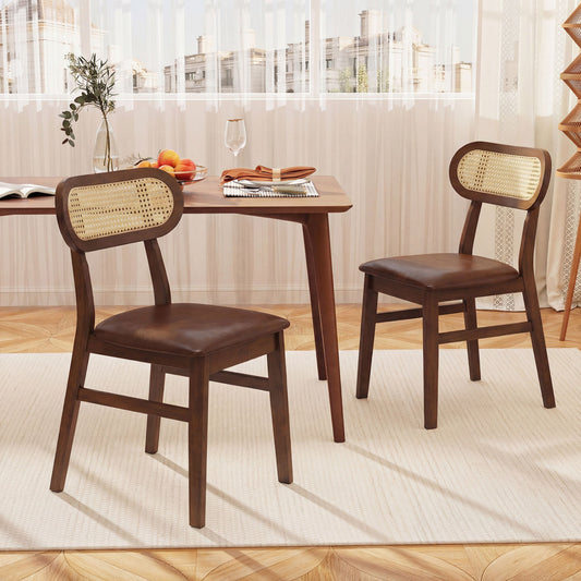 Mid Century Dining Chairs Set of 2 with Rattan Back