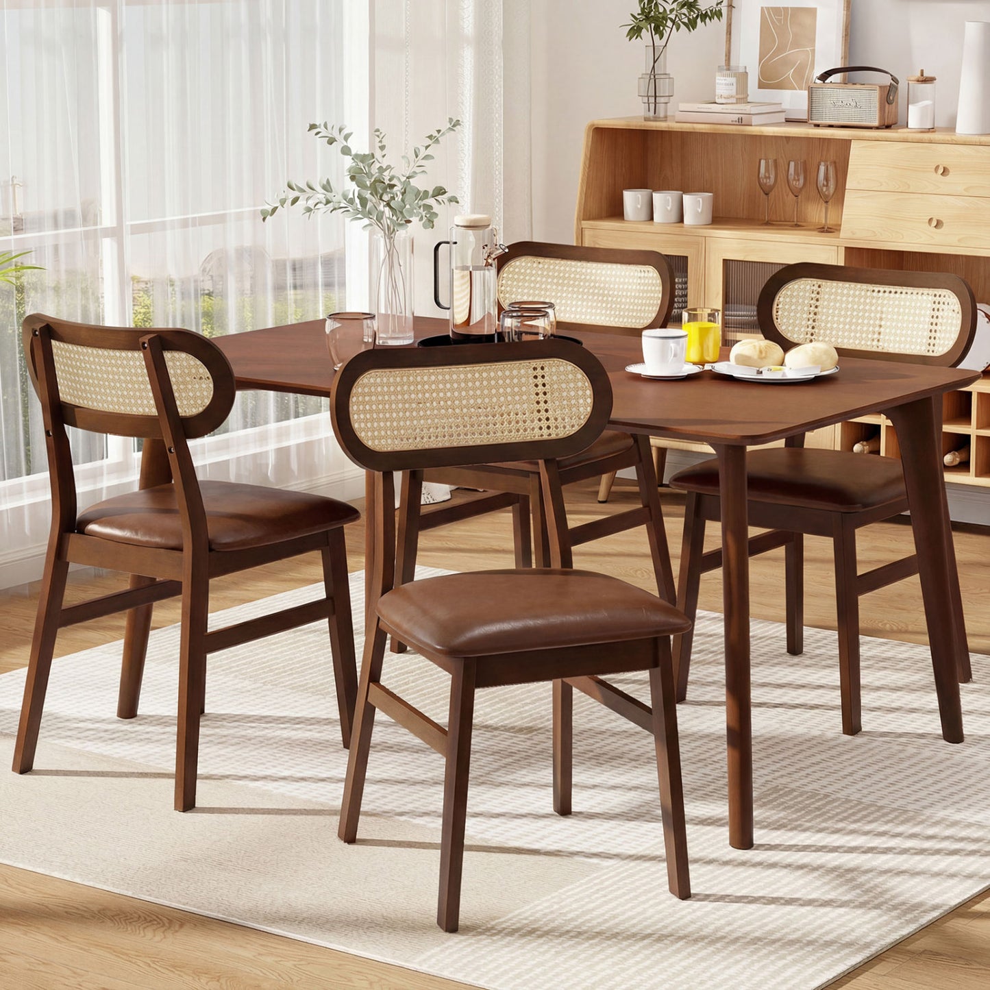 Mid Century Dining Chairs Set of 2 with Rattan Back