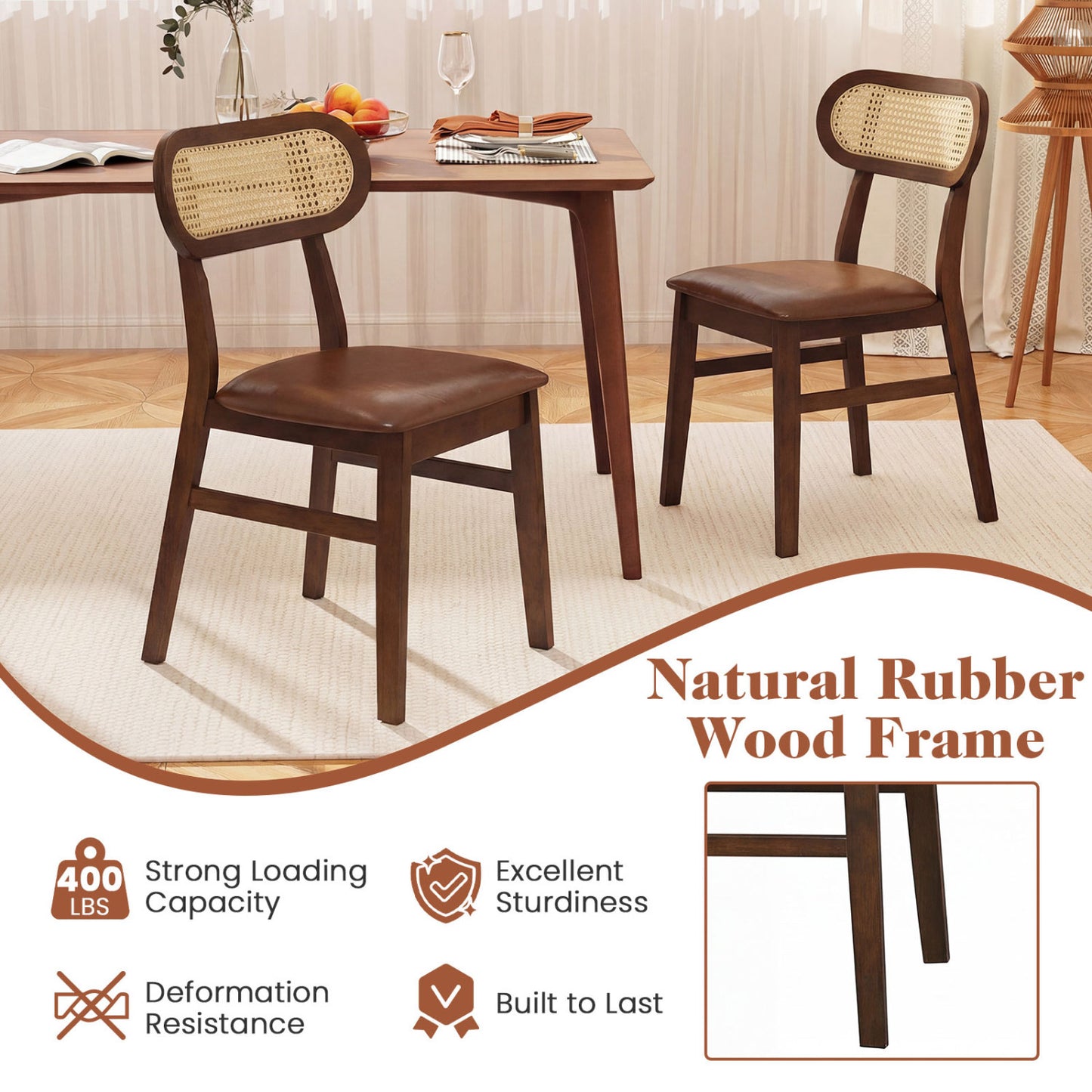 Mid Century Dining Chairs Set of 2 with Rattan Back