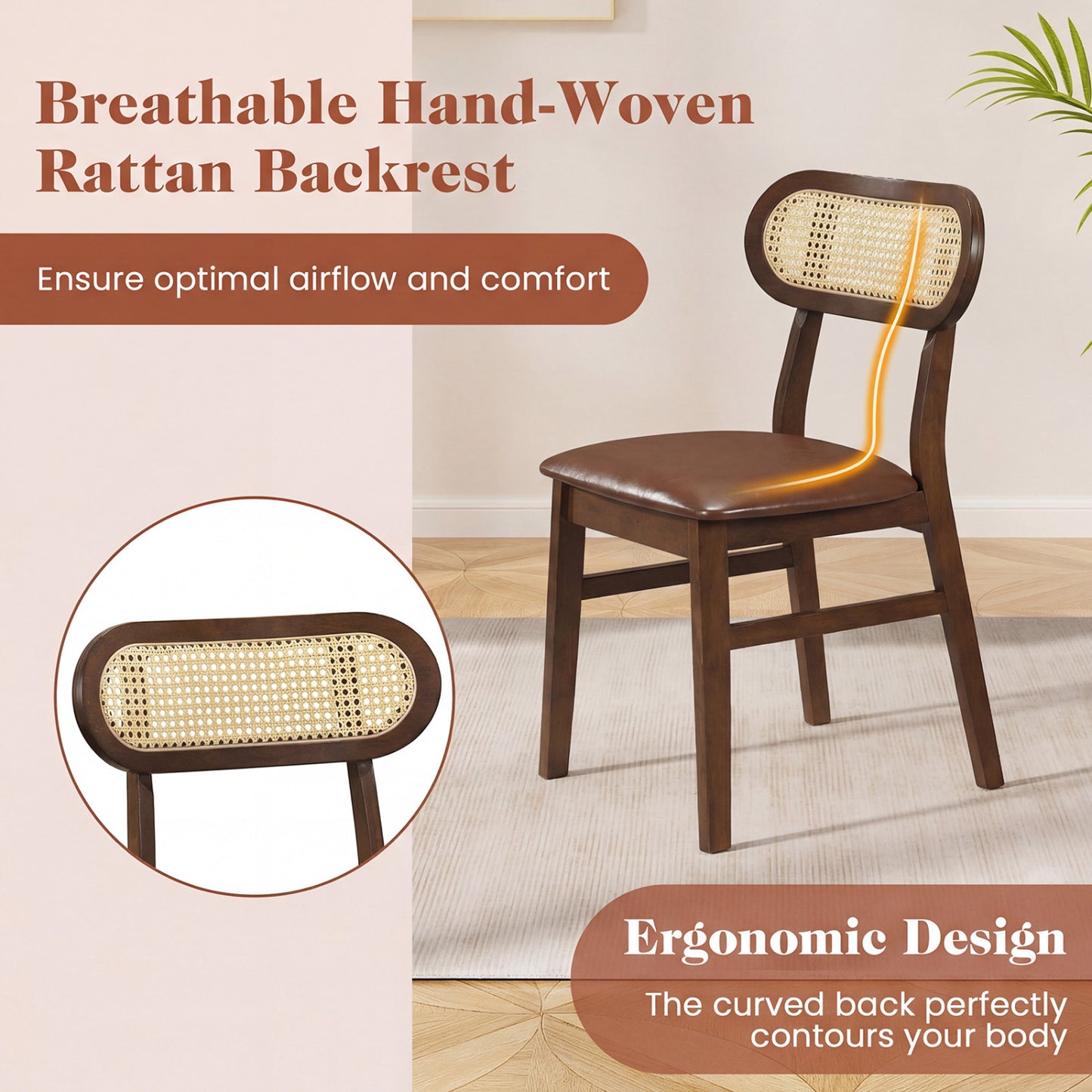Mid Century Dining Chairs Set of 2 with Rattan Back