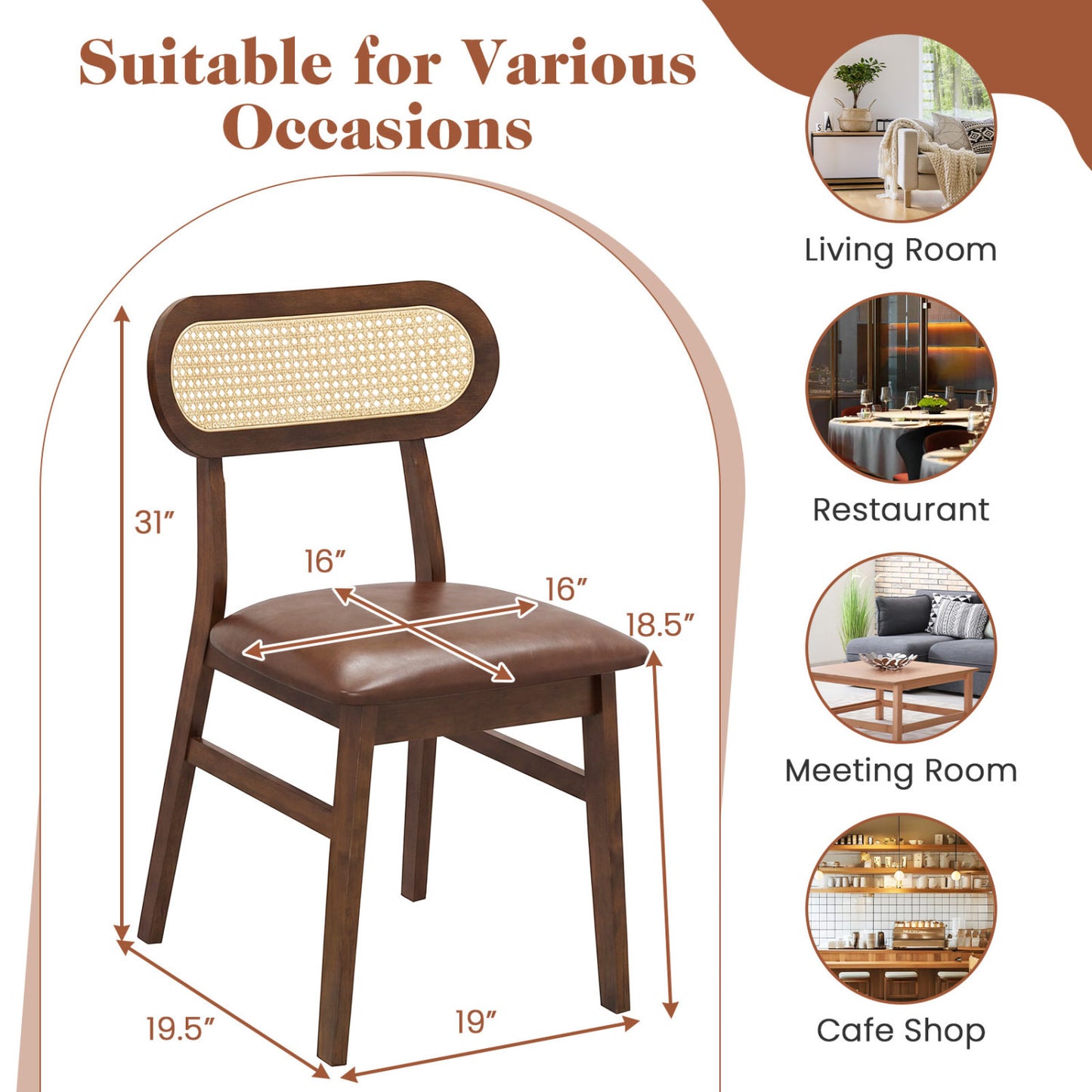 Mid Century Dining Chairs Set of 2 with Rattan Back