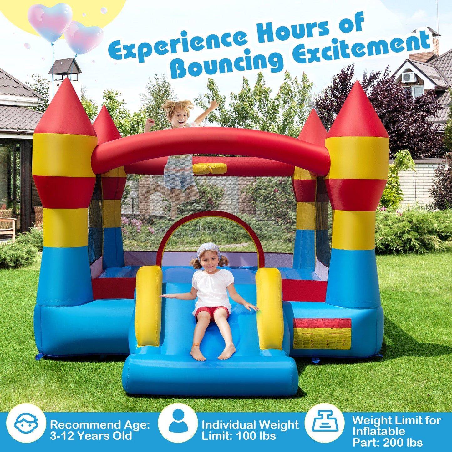 3-in-1 Kids Bouncer with Slide with 520W Blower for Yard