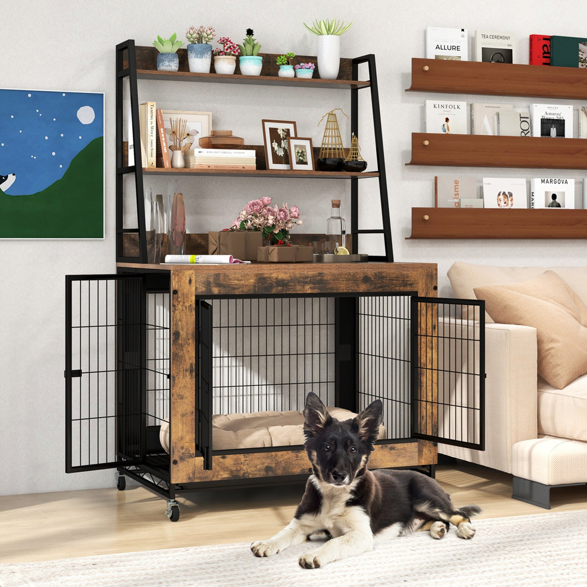 Industrial Dog Kennel Dog Crate Furniture with Storage Shelves