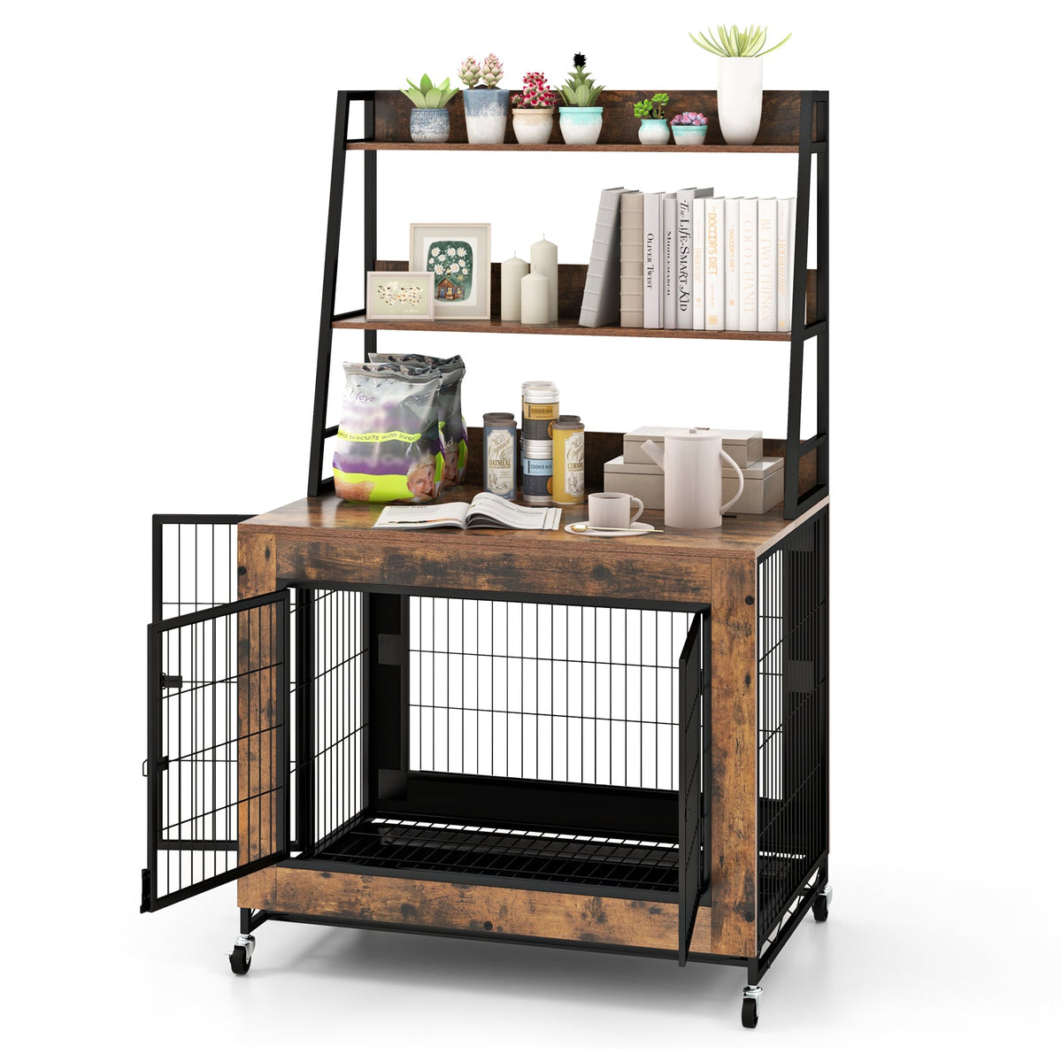 Industrial Dog Kennel Dog Crate Furniture with Storage Shelves