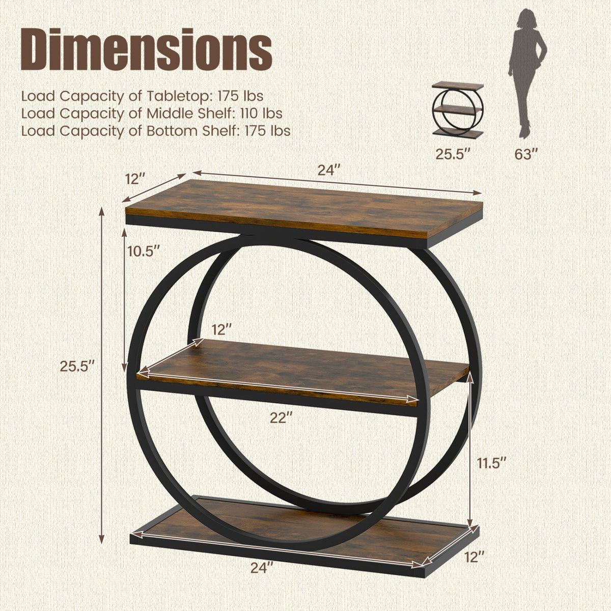 3-Tier Industrial Side Table with Metal Frame