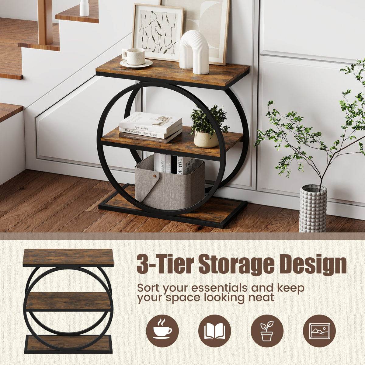 3-Tier Industrial Side Table with Metal Frame