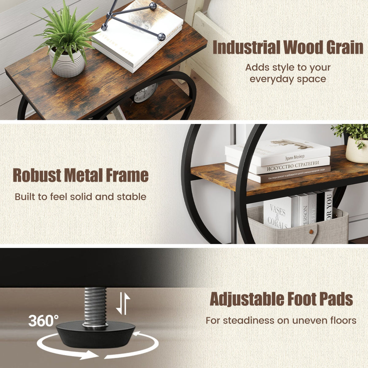 3-Tier Industrial Side Table with Metal Frame