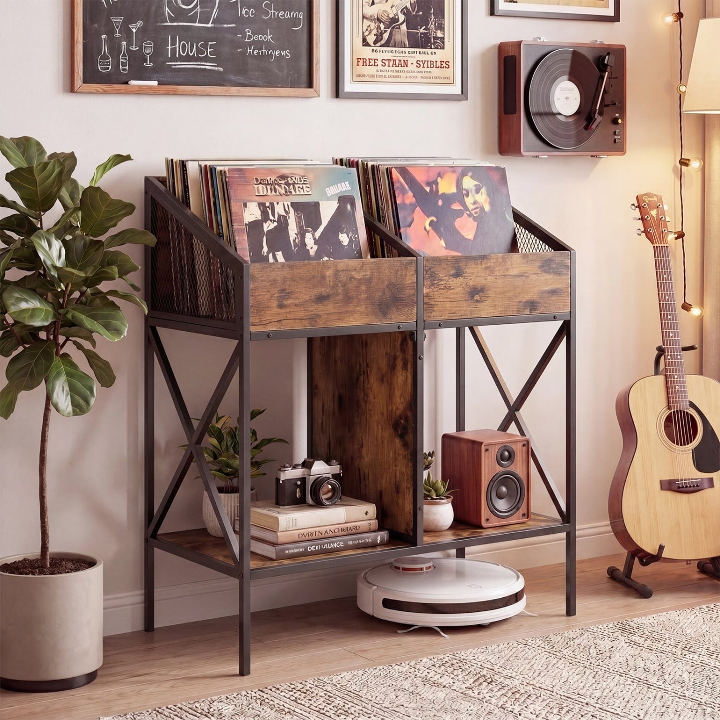 Industrial Vinyl Record Storage Rack with Metal Frame