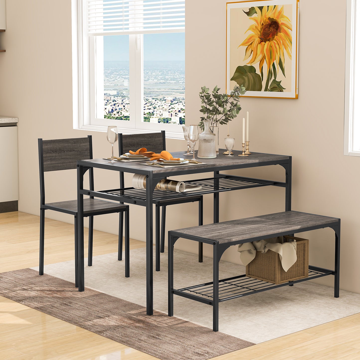 Rectangular Dining Table Set with Bench and 2 Chairs