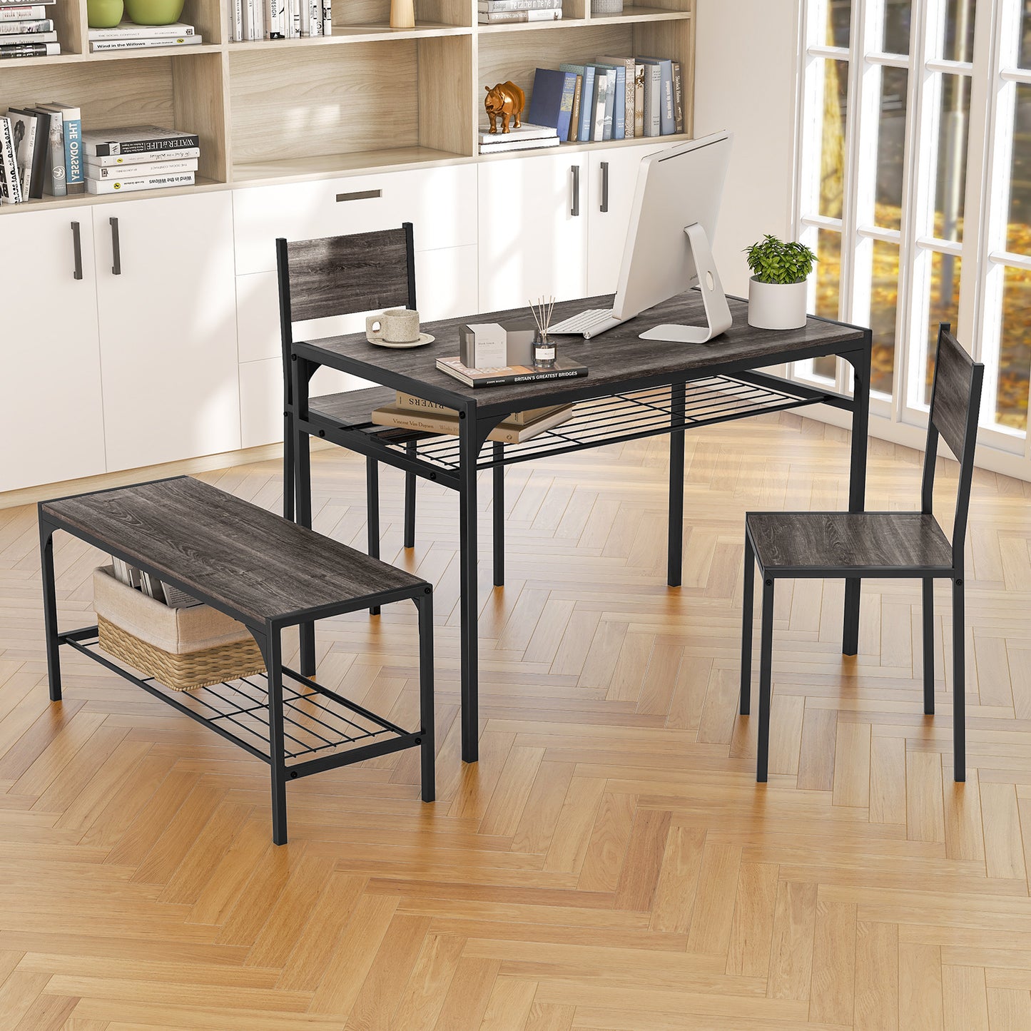 Rectangular Dining Table Set with Bench and 2 Chairs