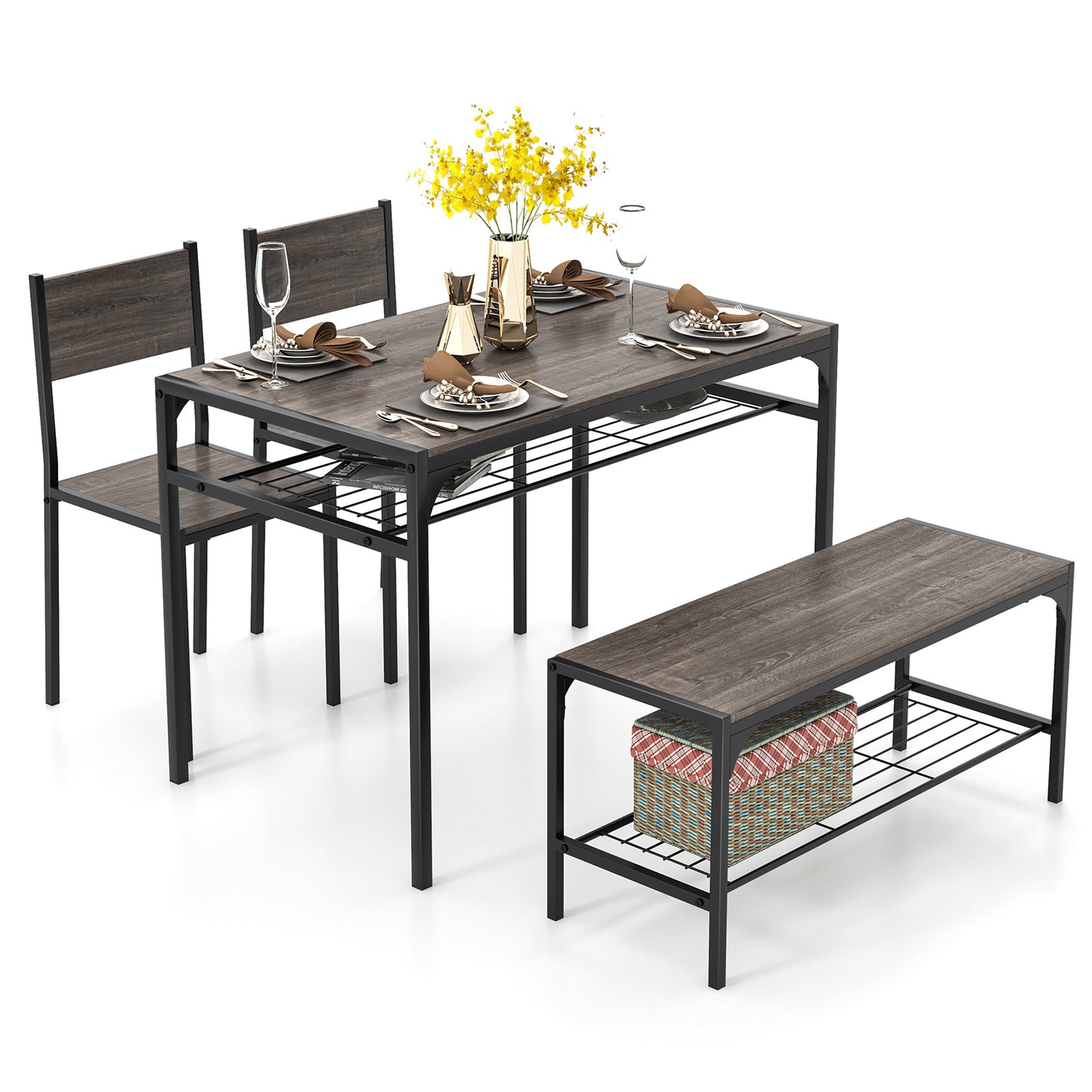 Rectangular Dining Table Set with Bench and 2 Chairs