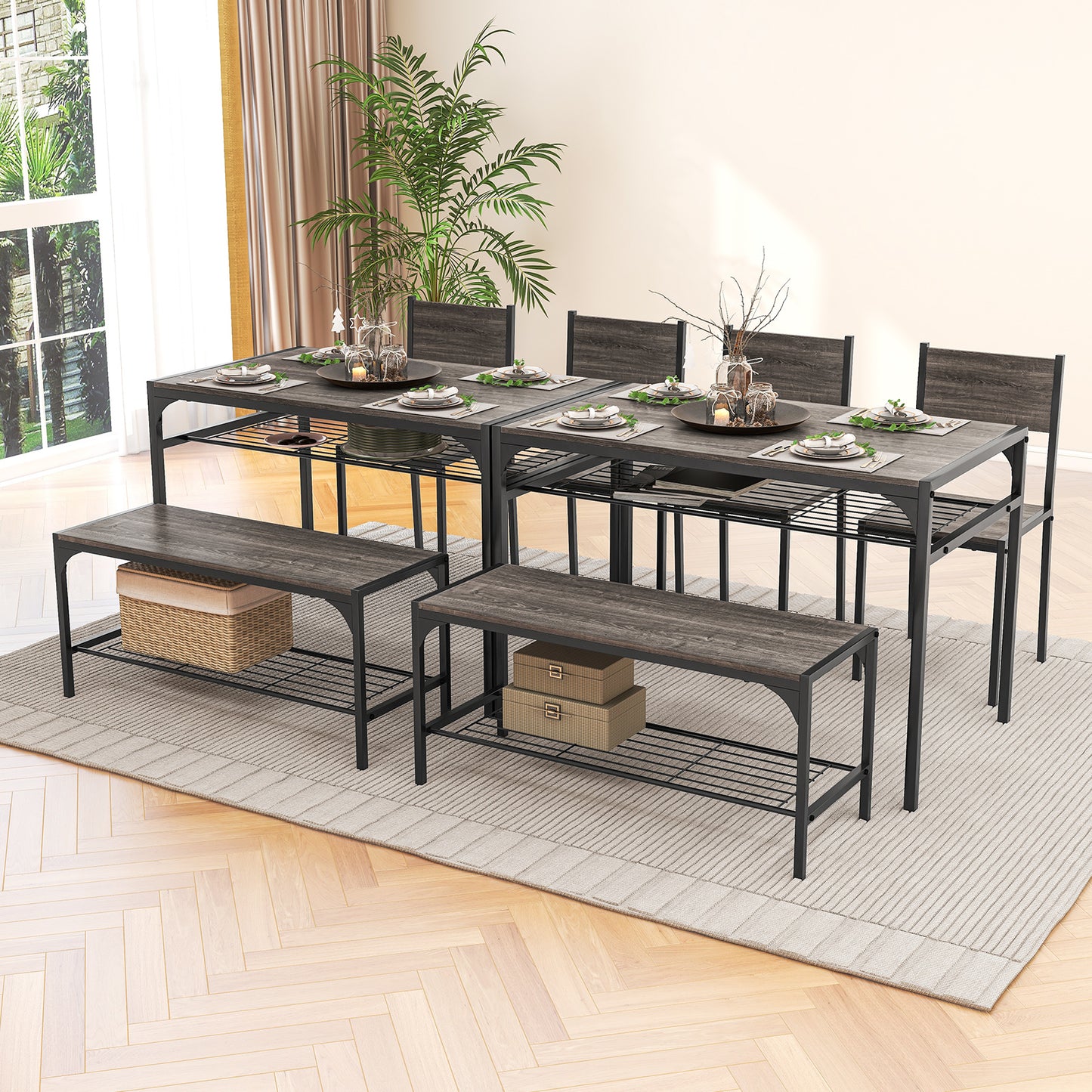 Rectangular Dining Table Set with Bench and 2 Chairs