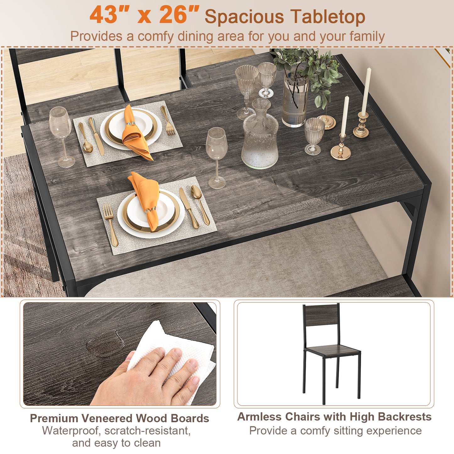 Rectangular Dining Table Set with Bench and 2 Chairs