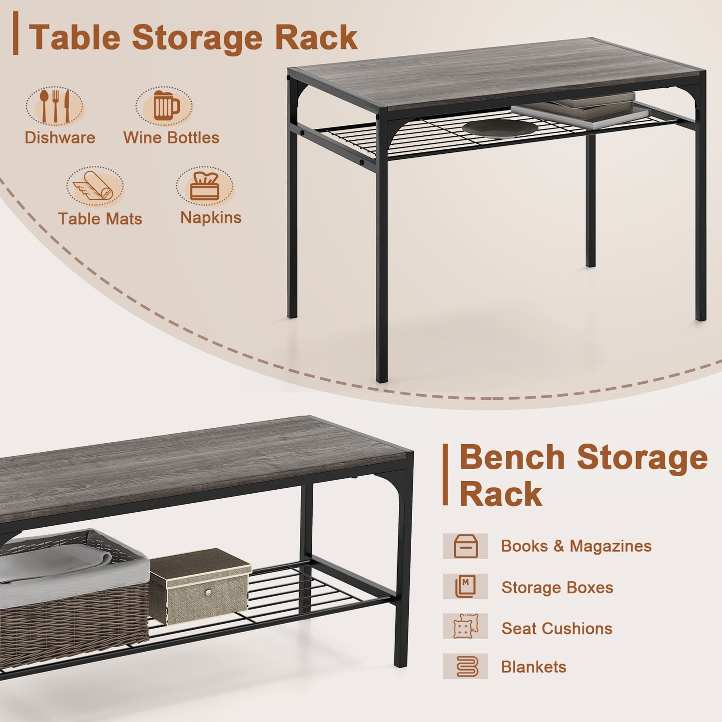 Rectangular Dining Table Set with Bench and 2 Chairs
