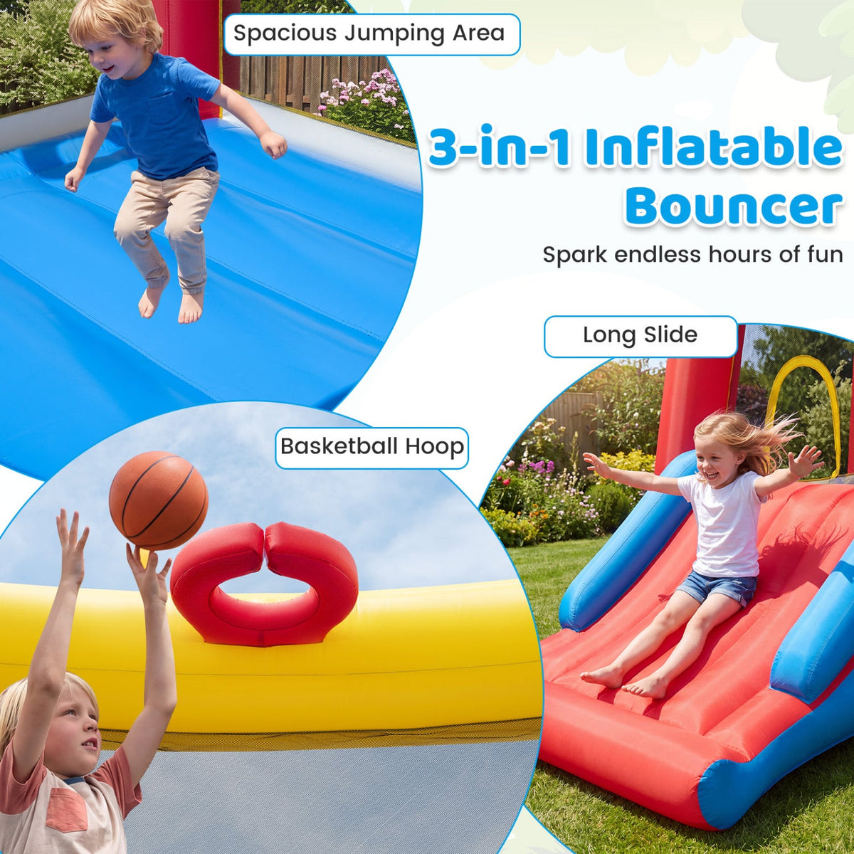 Inflatable Bounce House with Slide and Basketball Hoop