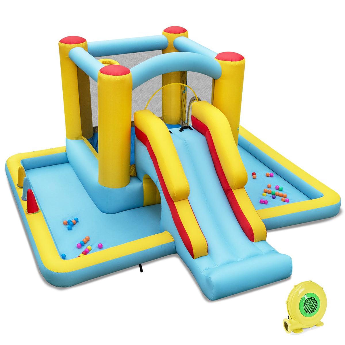 Inflatable Bounce House 7-in-1 Bouncy Castle with Slide and Tunnel with 480W Blower