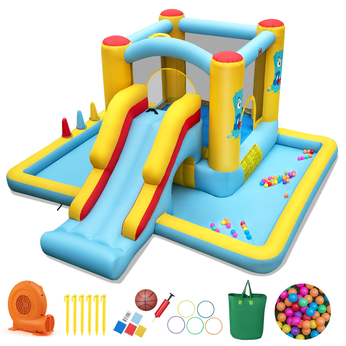 Inflatable Bounce House 7-in-1 Bouncy Castle with Slide and Tunnel with 550W Blower