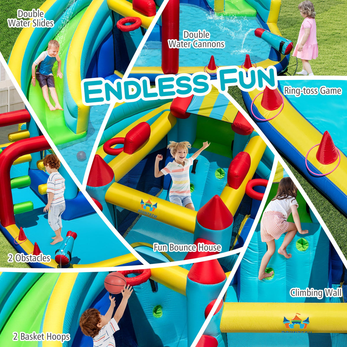 Inflatable Double Water Slide Park with Obstacle Course and 735W Blower