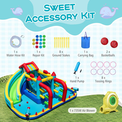 Inflatable Double Water Slide Park with Obstacle Course and 735W Blower