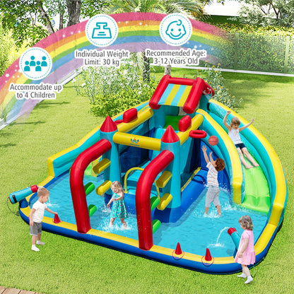 Inflatable Double Water Slide Park with Obstacle Course and 735W Blower