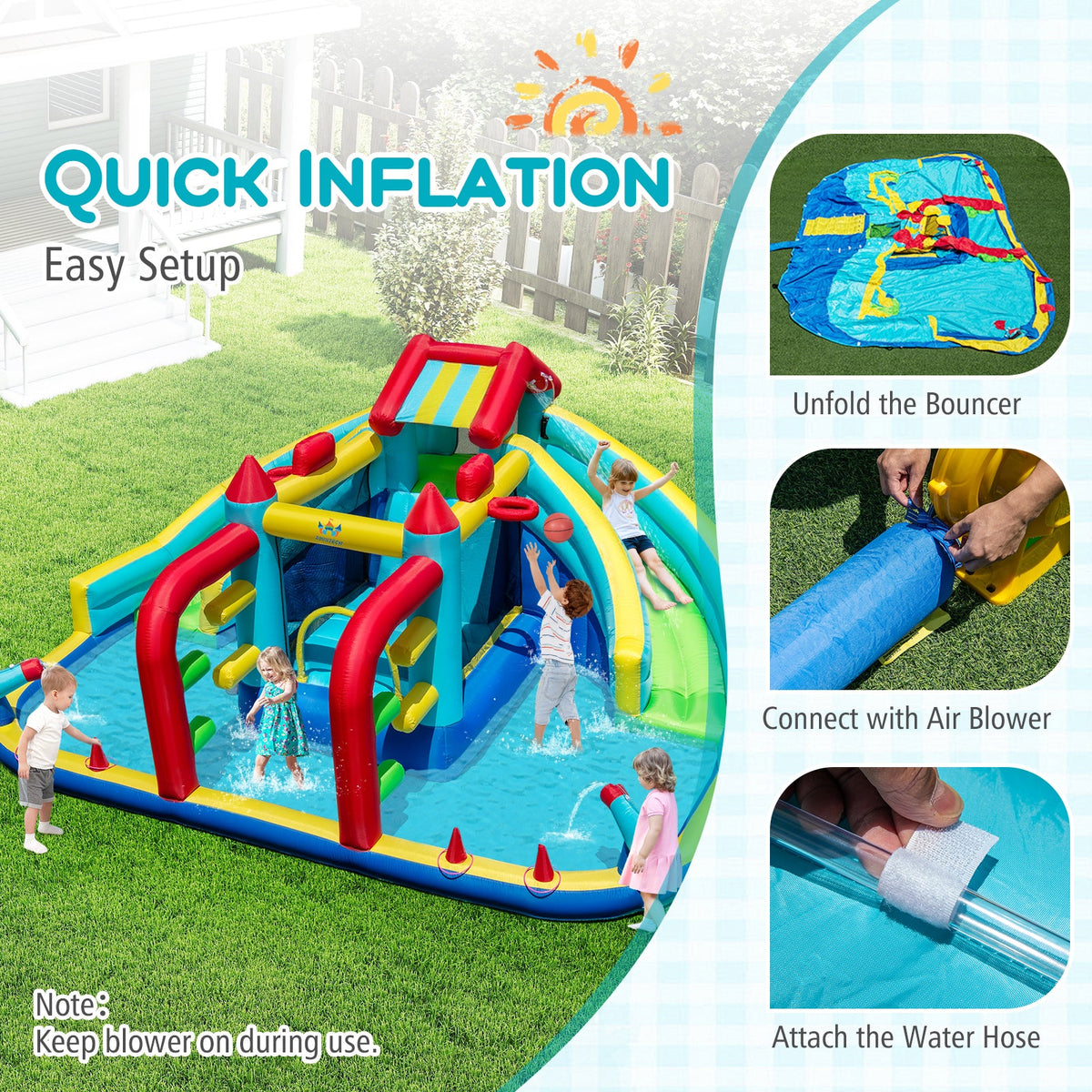 Inflatable Double Water Slide Park with 750W Blower and Obstacle Course