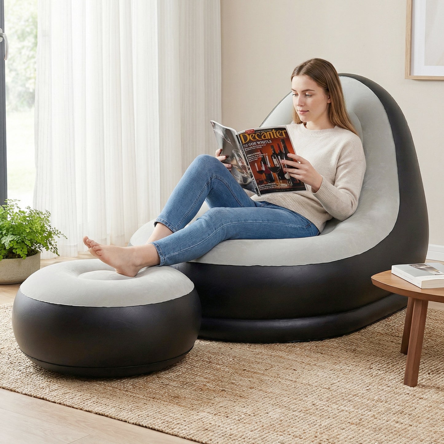 Inflatable Lounge Chair with Ottoman - Flocked Surface