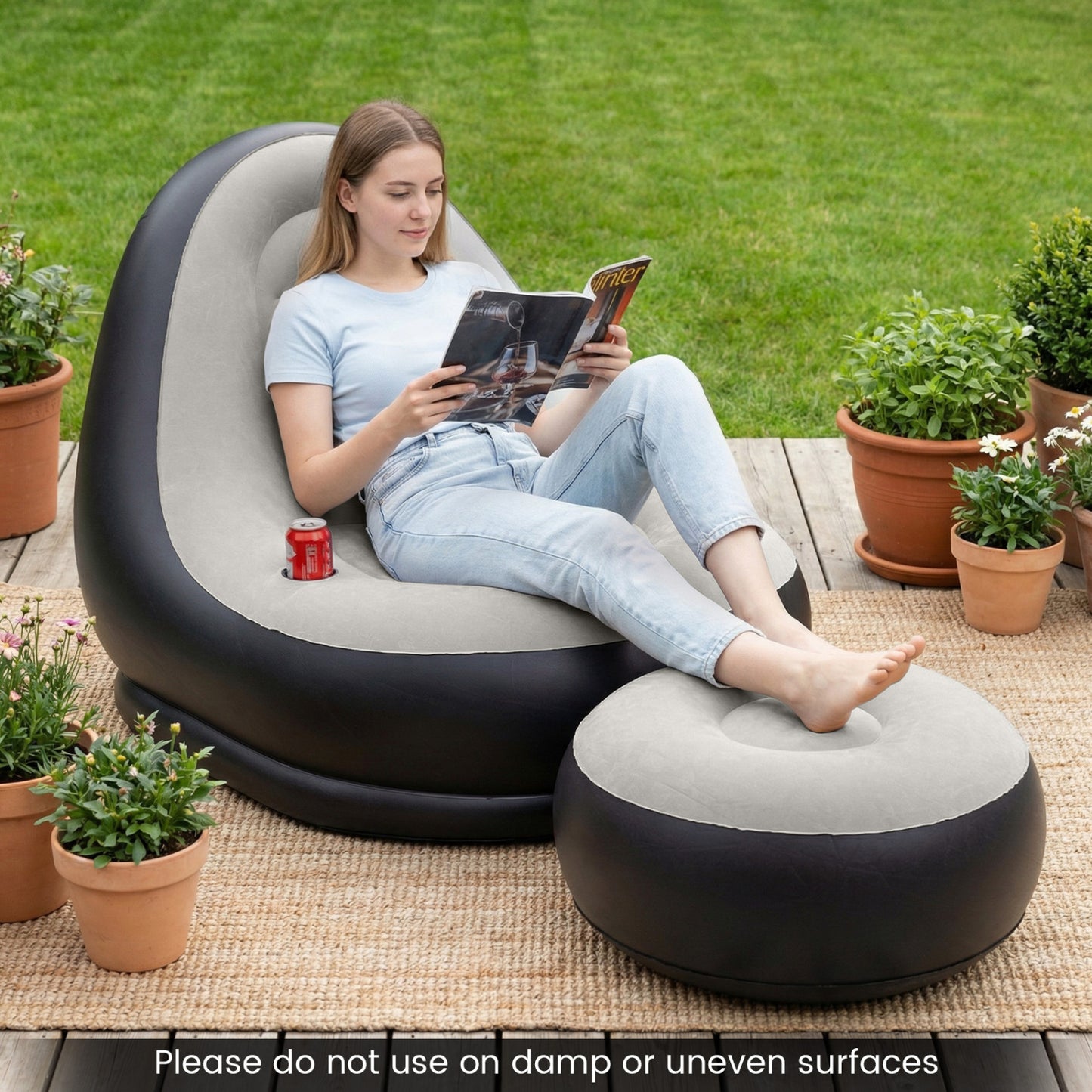 Inflatable Lounge Chair with Ottoman - Flocked Surface