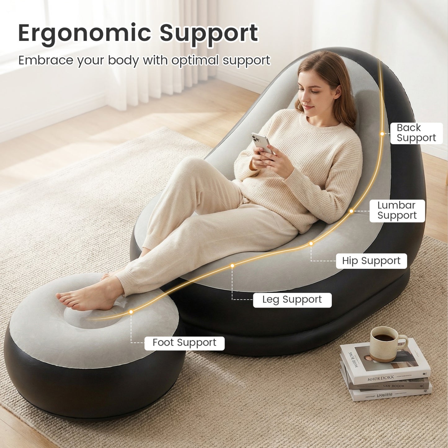 Inflatable Lounge Chair with Ottoman - Flocked Surface