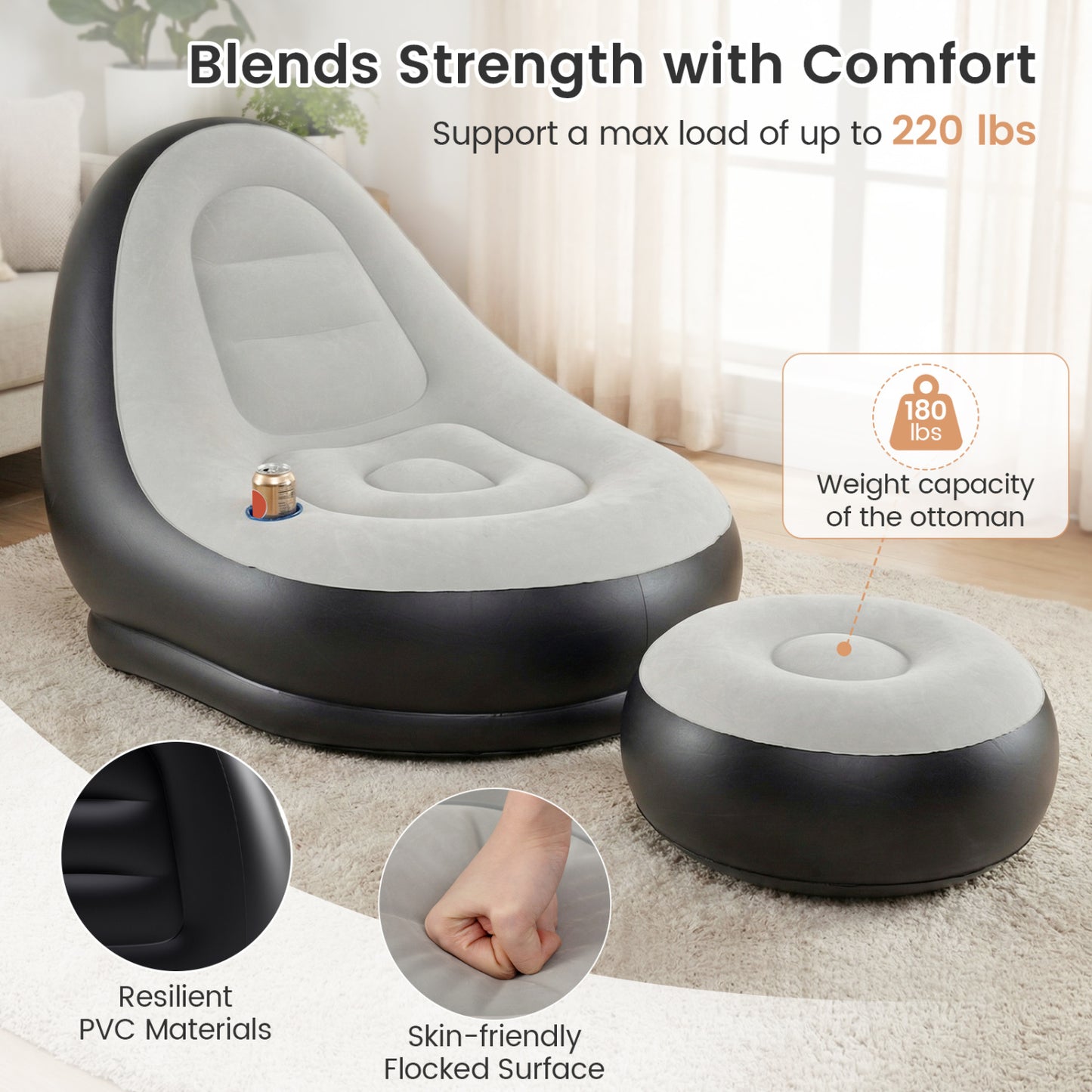 Inflatable Lounge Chair with Ottoman - Flocked Surface