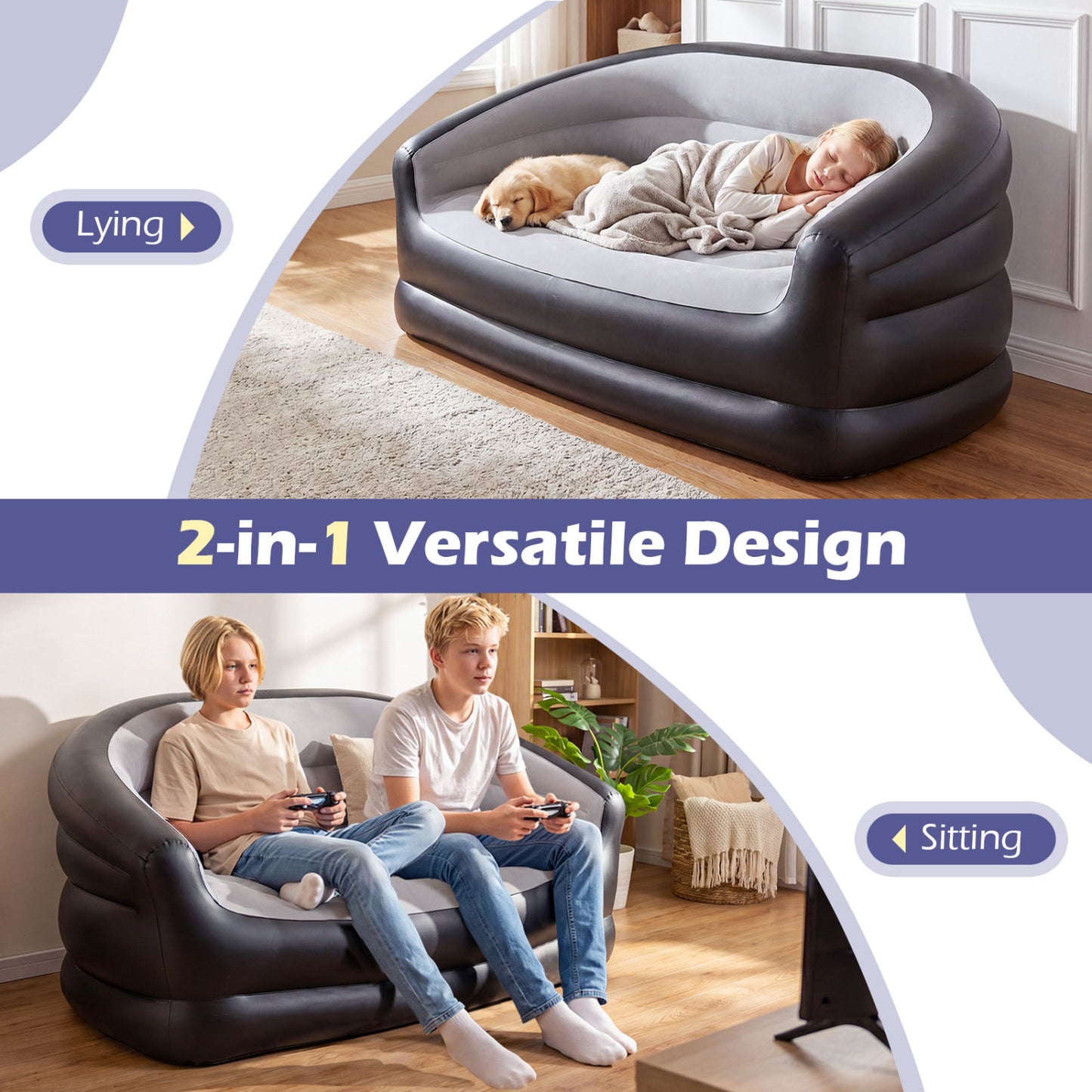 Inflatable Loveseat Couch 2-Seater with Flocked Surface